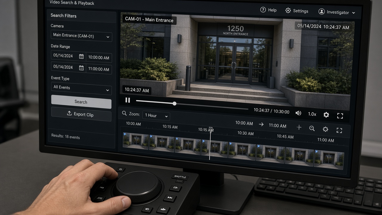 Video search and playback screen with filters for camera, date range and event type, a paused entrance view, a thumbnail timeline and an export clip button, operated with a jog-shuttle controller