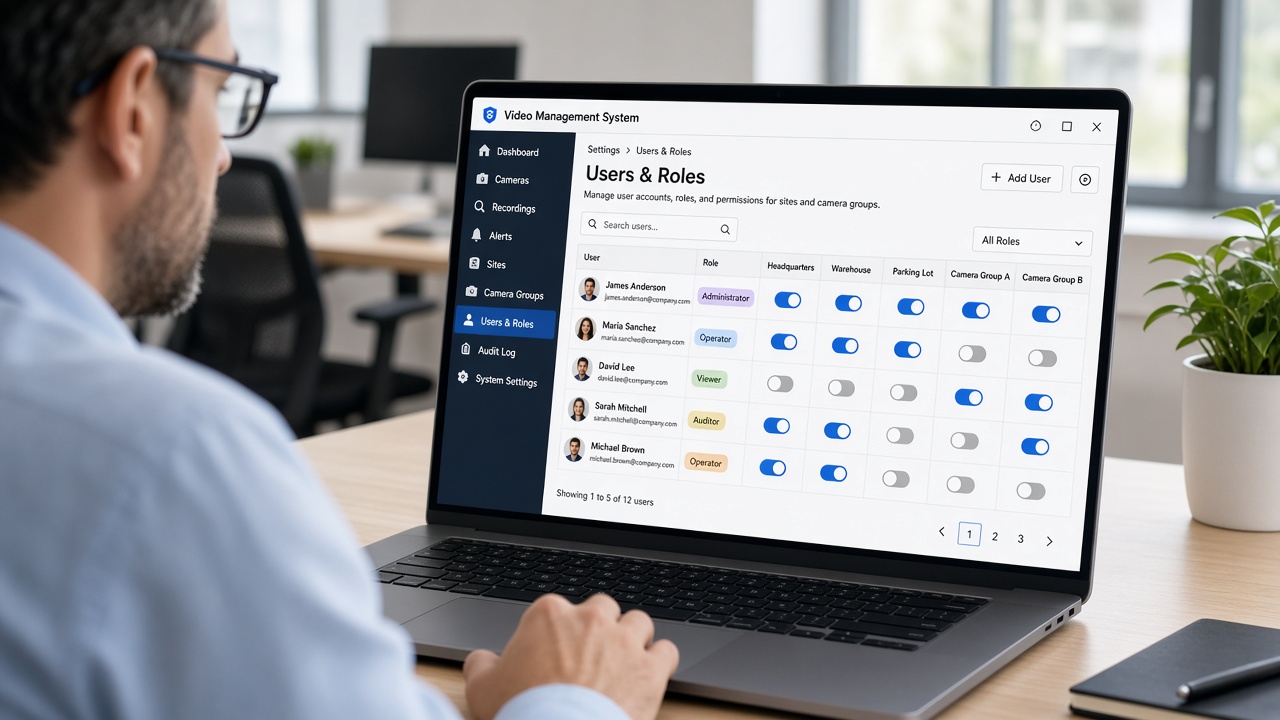 IT manager reviewing a users and roles screen with administrator, operator, viewer and auditor roles and permission toggles per site and camera group